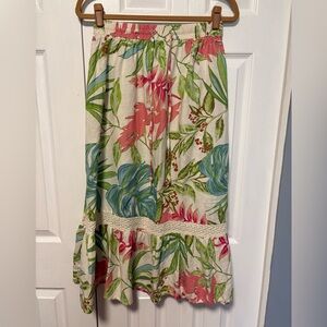 Nicole Miller Linen Blend Floral Print Skirt with Crochet Line